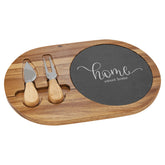 12 1/2 x 8 Acacia Wood/Slate Oval Cheese Set with Two Tools