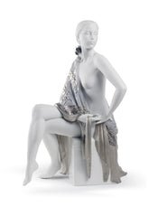 Nude With Shawl Woman Figurine, Silver Luster