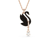 Swan pendant, Swan, Black, Rose gold-tone plated