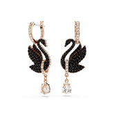Swan drop earrings, Swan, Black, Rose gold-tone plated