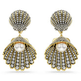 Idyllia clip earrings, Crystal pearl, Shell, White, Gold-tone plated