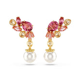Gema drop earrings, Mixed cuts, Crystal pearls, Flower, Pink, Gold-tone plated