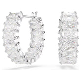 Matrix hoop earrings Baguette cut, White, Rhodium plated
