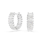 Matrix hoop earrings, Baguette cut, White, Rhodium plated