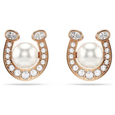 Symbolica stud earrings Crystal pearl, Pavé, Horse shoe, White, 18K rose gold finish - LAST IN STOCK