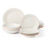 French Perle Groove White 12-Piece Pasta Bowl Dinnerware Set