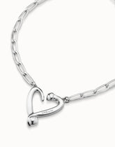 Necklace With Joined Nail Shape Links And Medium Central Heart - Silver