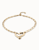 Necklace With Joined Nail Shape Links And Medium Central Heart - Gold