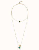 Double Strand Chain Necklace With Green Crystals - Gold