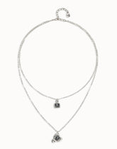 Long Pendant With Double Chain And Heart With Black Crystal - Silver