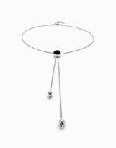 Long Pendant Necklace With Central Black Murano Crystal - Silver