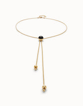 Long Pendant Necklace With Central Black Murano Crystal - Gold