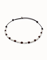 Leather Necklace With Metal Alloy Beads In Silver Sterling And Wood