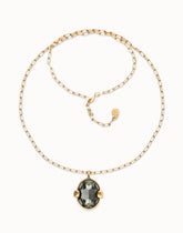 Long Necklace Plated In 18K Gold With A Grey Faceted Crystal
