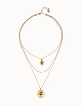 Triple Necklace Pleared In Gold 18K With 2 Eye Charms With Green Faceted Crystal