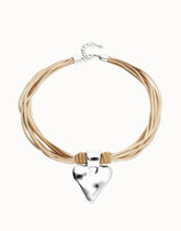 Mixed Beige Silk And Leather Thread Necklace With Sterling Silver Heart Detail