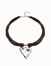 Mixed Dark Brown Silk And Leather Thread Necklace With Sterling Silver Heart Detail