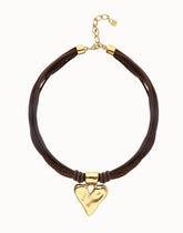 Mixed Dark Brown Silk And Leather Thread Necklace With 18K Gold Heart Detail