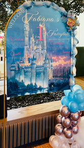 Fairytale Castle Arched Welcome Sign & Seating Chart Display on Matching Arch Stand