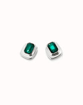 Stud Earrings With Green Faceted Crystal - Silver