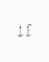Hoop Earrings Plated In Sterling Silver With An Eye Detail And Faceted Crystal In Blue