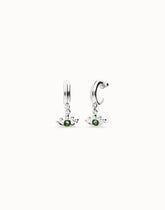 Hoop Earrings Plated In Sterling Silver With An Eye Detail And Faceted Crystal In Green