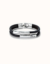 Double Brown Leather Bracelet With Two Metal Tubes