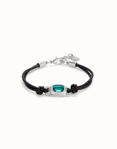 Leather Bracelet With A Green Crystal - Silver