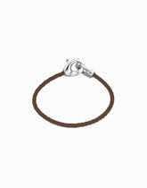 Cammel Leather Women Bracelet With Interlocked Carabiner Detail In Stelring Silver