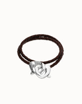 Brown Double Leather Women Bracelet With Interlocked Carabiner Detail In Silver