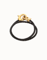 Black Double Leather Women Bracelet With Interlocked Carabiner Detail In Gold
