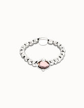 Sterling Silver Plated Metal Beaded Bracelet With A Pink Faceted Crystals And Elastic String