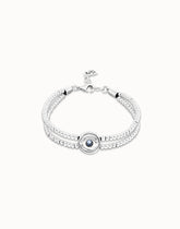 Metal Aloy Double Beaded Bracelet In Sterling Silver With An Eye Detail And A Blue Faceted Crystal