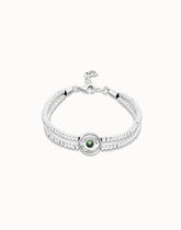 Metal Aloy Double Beaded Bracelet In Sterling Silver With An Eye Detail And A Green Faceted Crystal