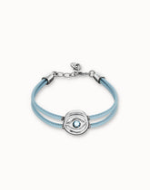 Blue Leather Bracelet With A Metal Alloy Eye Detail Pleated In Sterling Silver And Crystal