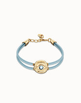 Double Blue Leather Bracelet With A Metal Alloy Eye Detail Pleated In Gold 18K And Crystal