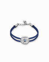 Double Dark Blue Leather Bracelet With A Metal Alloy Eye Pleated In Sterling Silver And Crystal