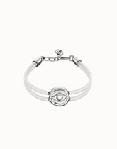 Double White Leather Bracelet With A Metal Alloy Eye Detail Pleated In Sterling Silver And Crystal