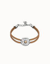 Double Cream Leather Bracelet With A Metal Alloy Eye Detail Pleated In Sterling Silver And Crystal