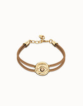Double Cream Leather Bracelet With A Metal Alloy Eye Detail Pleated In Gold 18K And Crystal