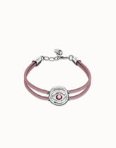 Double Lilac Leather Bracelet With A Metal Alloy Eye Detail Pleated In Sterling Silver And Crystal