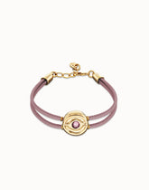 Double Lilac Leather Bracelet With A Metal Alloy Eye Detail Pleated In Gold 18K Crystal