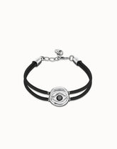 Double Black Leather Bracelet With A Metal Alloy Eye Detail Pleated In Sterling Silver And Crystal