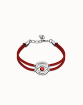 Double Red Leather Bracelet With A Metal Alloy Eye Detail Pleated In Sterling Silver And Crystal