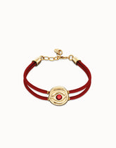 Double Red Leather Bracelet With A Metal Alloy Eye Detail Pleated In Gold 18K And Crystal