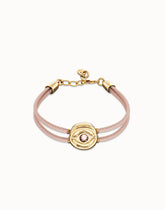 Double Pink Leather Bracelet With A Metal Alloy Eye Detail Pleated In Gold 18K And Crystal