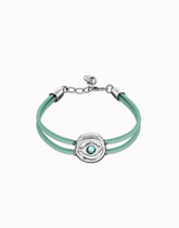 Double Turqfwse Leather Bracelet With A Metal Alloy Eye Detail Pleated In Sterling Silver Crystal