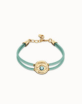 Turqfwse Leather Bracelet With A Metal Alloy Eye Detail Pleated In Gold 18K And Crystal
