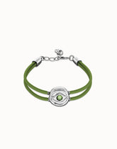 Double Green Leather Bracelet With A Metal Alloy Eye Detail Pleated In Sterling Silver Crystal