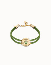 Double Green Leather Bracelet With A Metal Alloy Eye Detail Pleated In Gold 18K Crystal